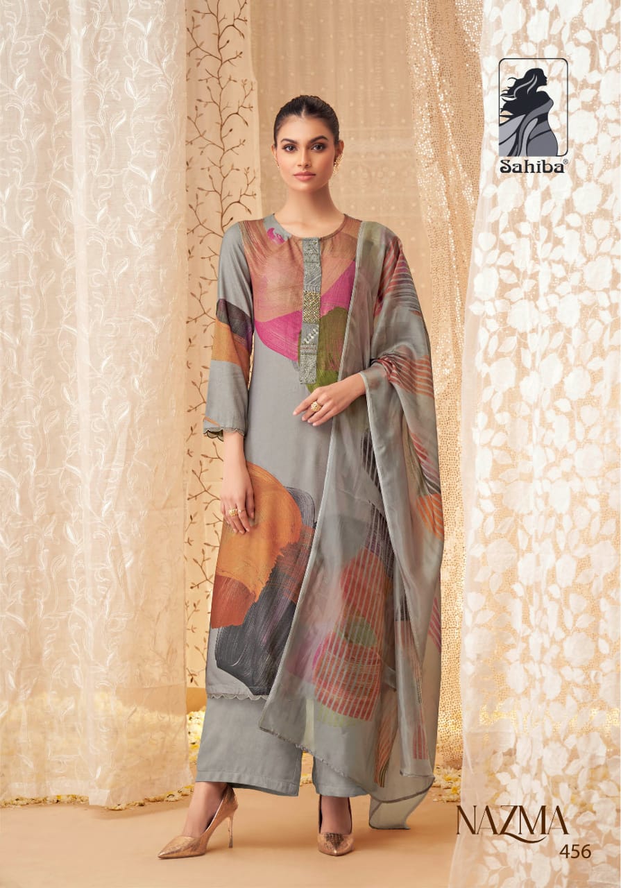 Nazma By Sahiba Stape Twill Digital Printed Dress Material Wholesale Shop In Surat